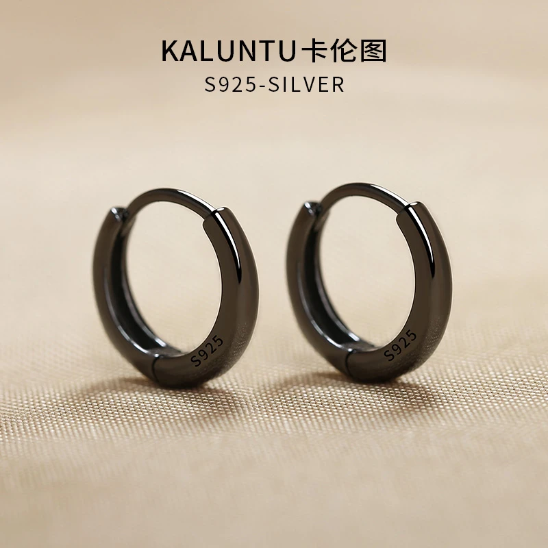 925银耳饰 通体纯银耳环男黑色耳扣女耳圈单只冷淡风个性酷帅耳钉