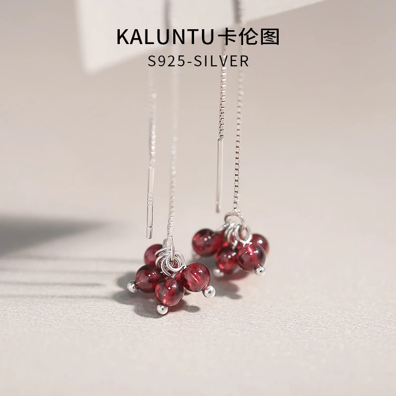 925银耳饰 耳线女纯银红色耳坠长款流苏耳环中国风复古气质耳饰