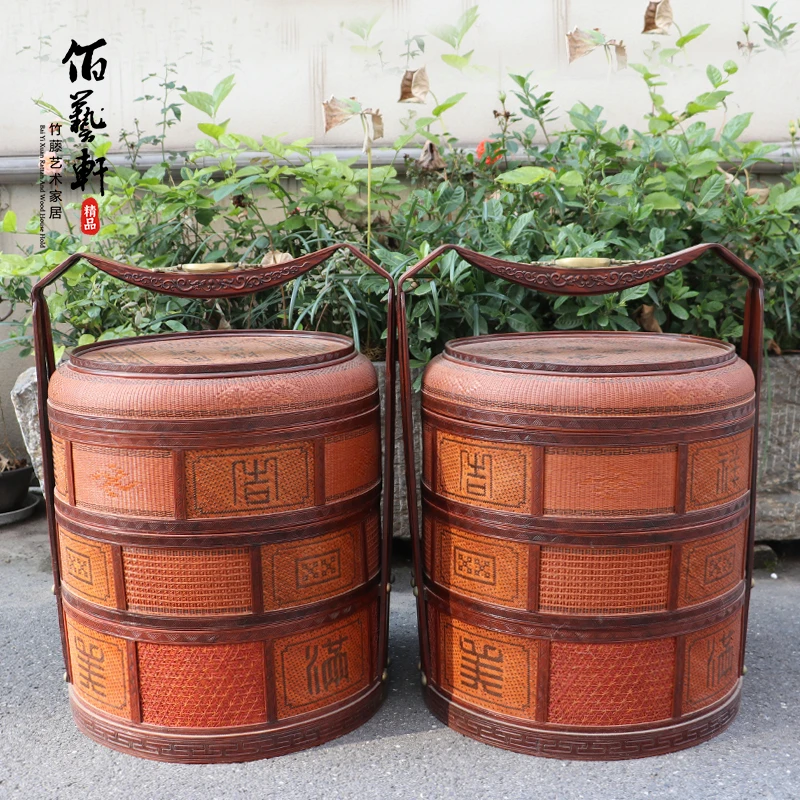 佰艺轩手工竹编织婚庆嫁妆礼金提篮一对圆形竹篮手提喜事篮