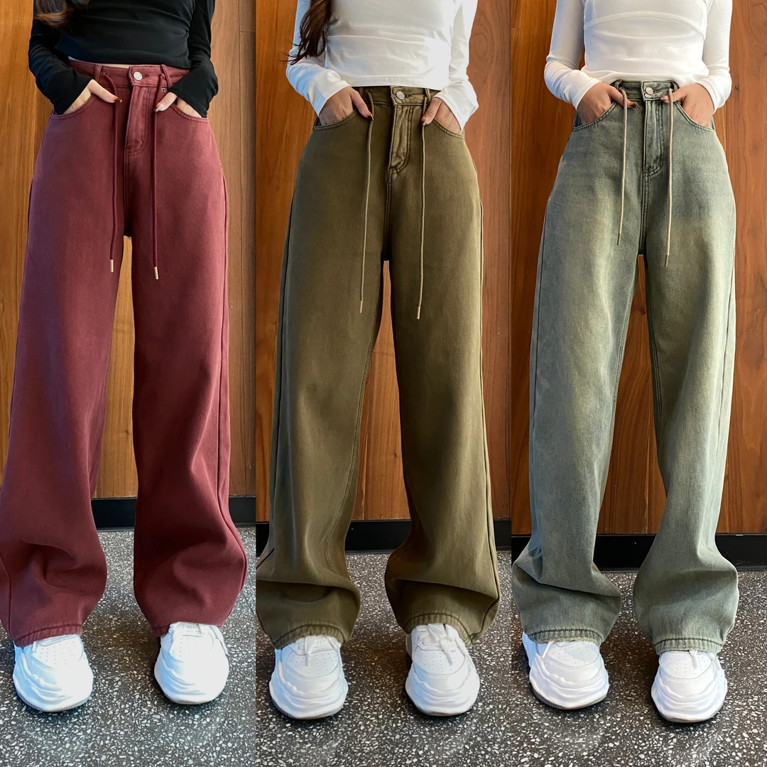 （加绒）美式抽绳直筒阔腿牛仔裤宽松百搭复古加绒休闲牛仔裤女