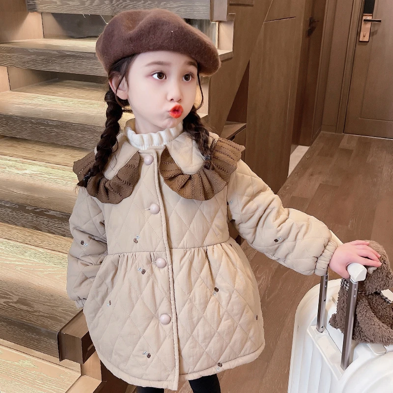 女童棉服中长款加绒加厚韩版宝宝秋冬娃娃领冬季翻领保暖冬款洋气
