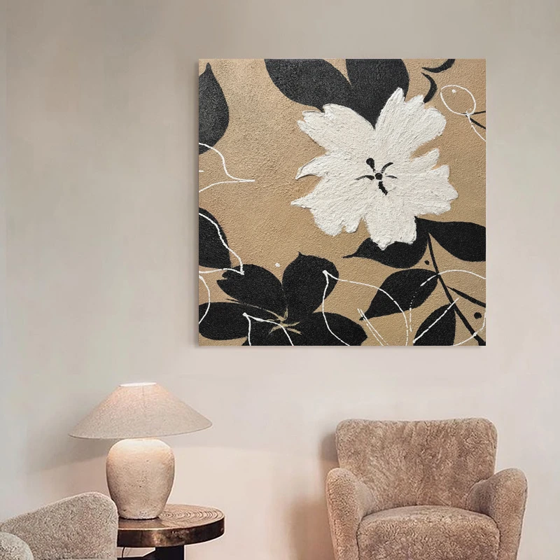 法式中古抽象花卉手绘油画《相遇》奶油原木复古客厅餐厅装饰挂画