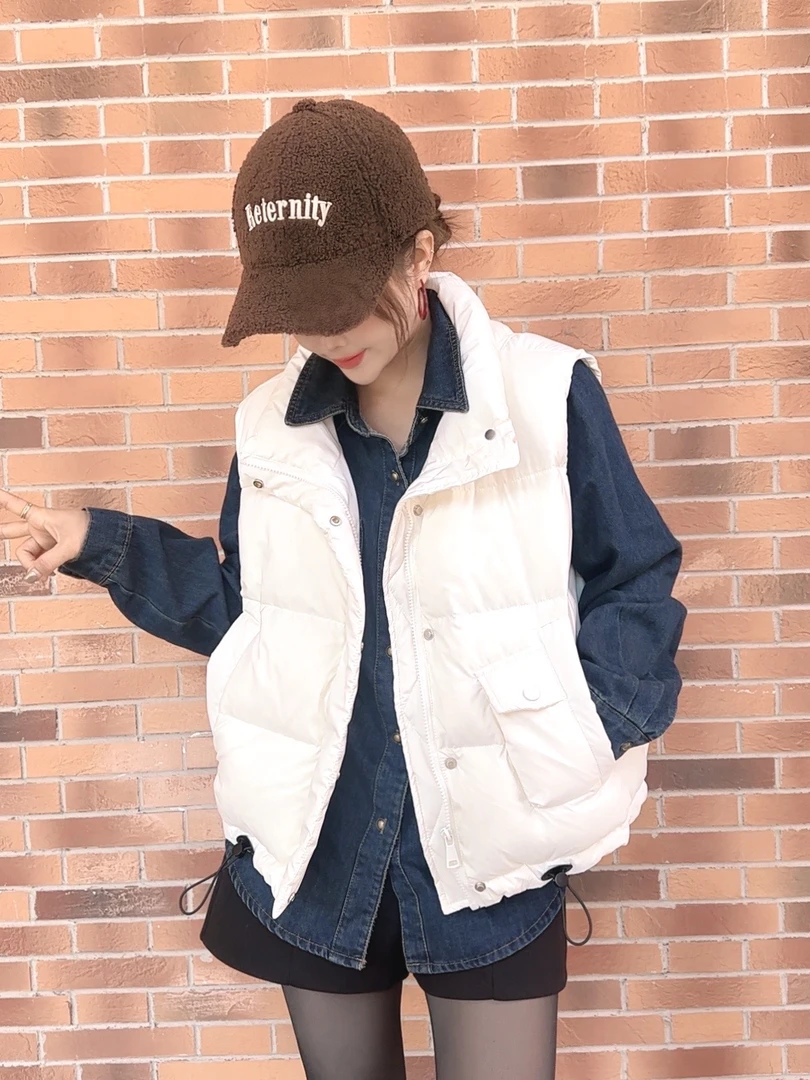 恰逢景冬季马甲女士主播同款外穿百搭无袖立领保暖抽绳羽绒马甲女