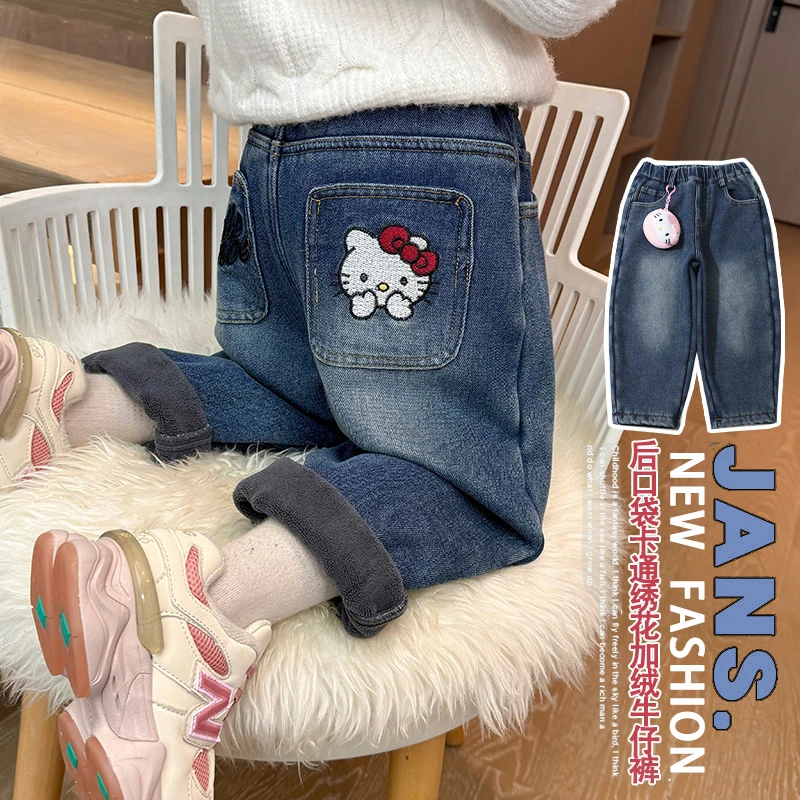 女童卡通猫咪加绒牛仔裤宝宝加厚冬款裤子儿童洋气时髦休闲裤子潮
