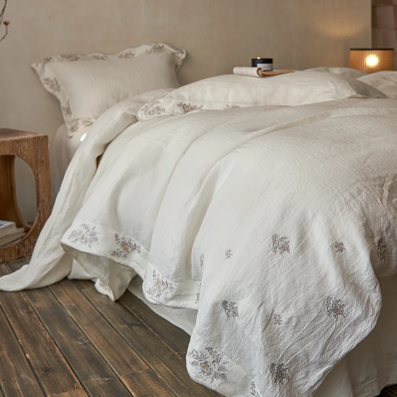 【秋水伊人】有斐轻奢复古双雨露汉麻手工刺绣四件套法式简约绣花