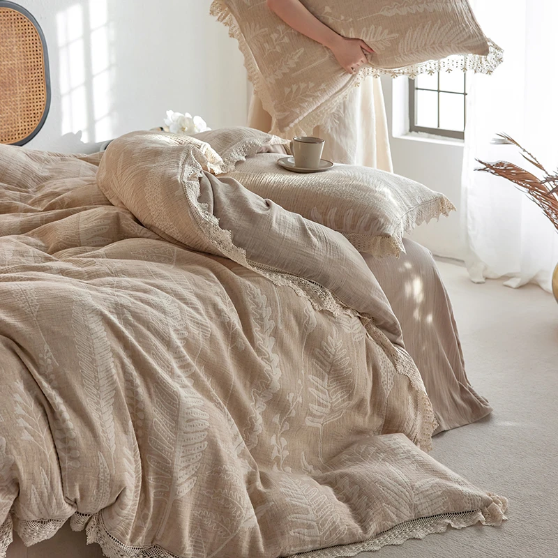 【铃兰颂单品】新款棉麻三层纱提花四件套床品套件透气柔软