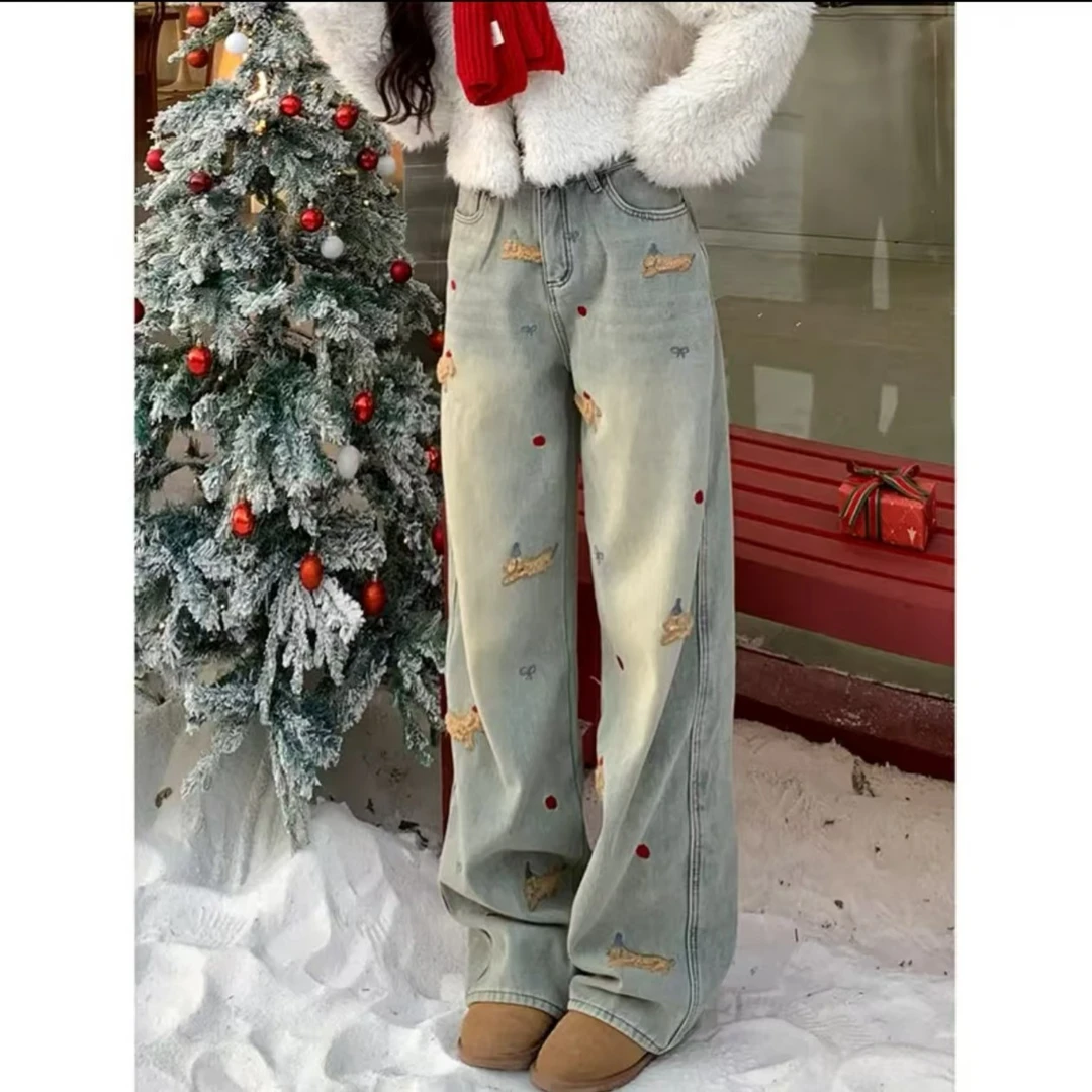 腊肠狗狗刺绣高腰加绒直筒牛仔裤女2024冬季高腰显瘦设计感阔腿裤