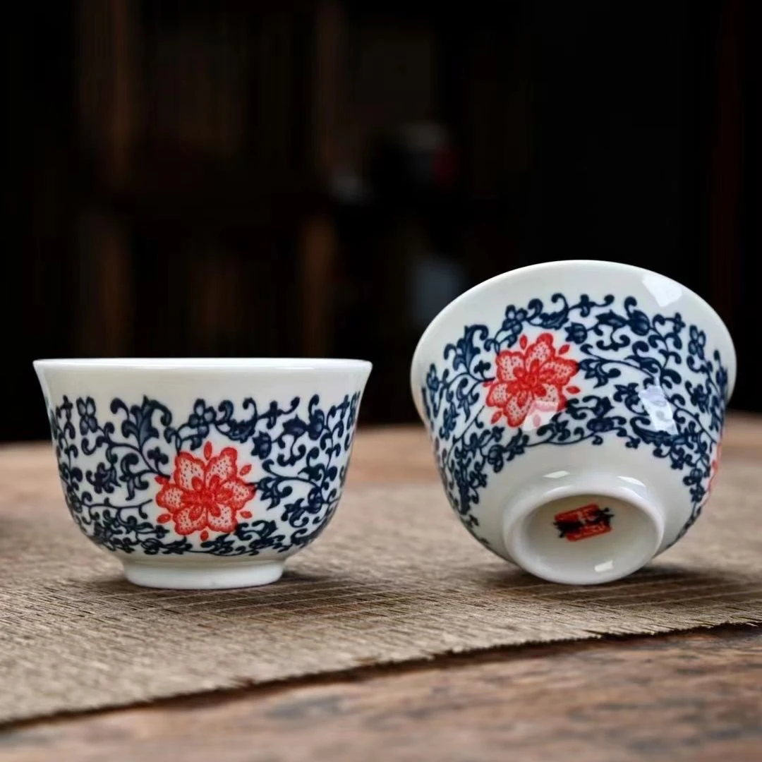 青花釉里红诗文兰亭序小茶杯瓷器景德镇柴烧主人杯陶瓷器功夫茶具