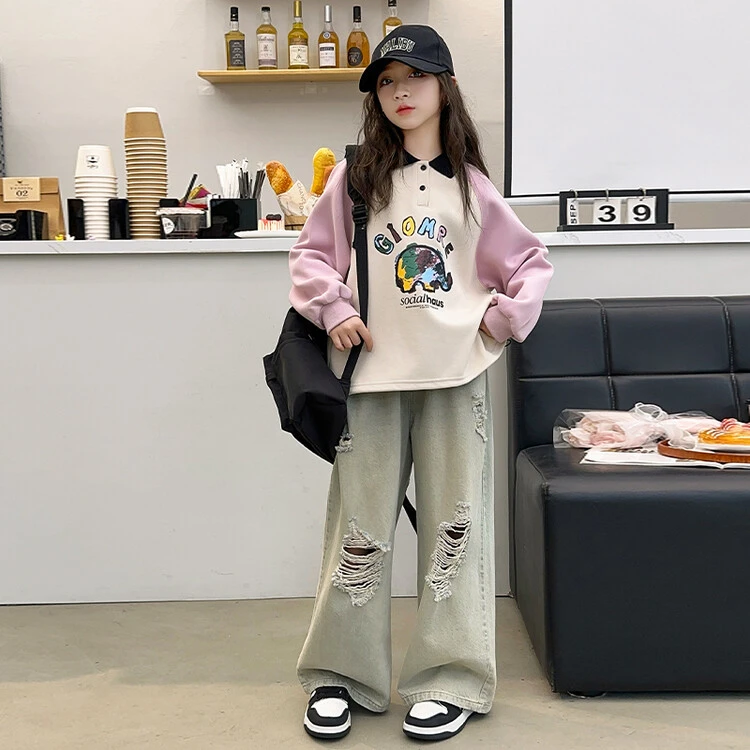 宽松卫衣POLO衫儿童2024新款中大童秋装秋季翻领时髦撞色时尚上衣