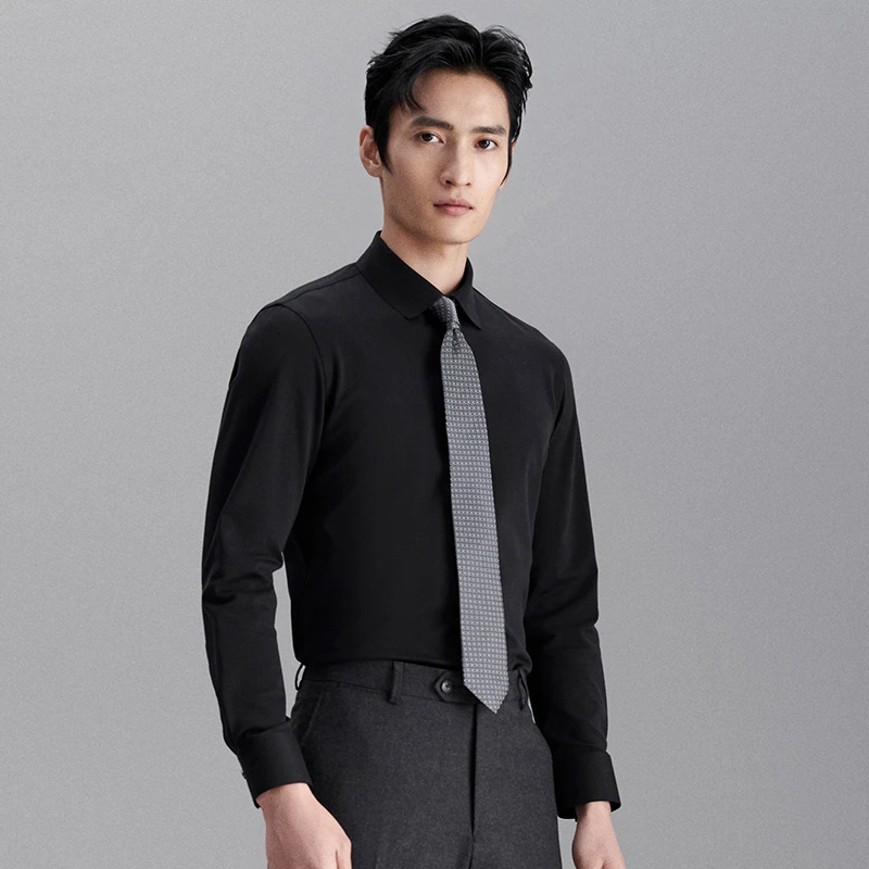 【纯棉易打理】报喜鸟商务正装百搭衬衫长袖男士修身职业黑色衬衣