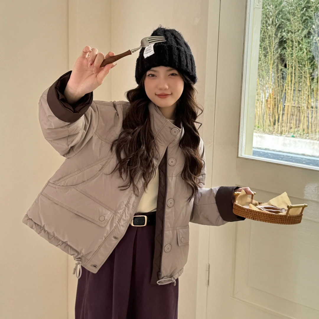 2024冬季韩版宽松立领撞色白鸭绒羽绒服女