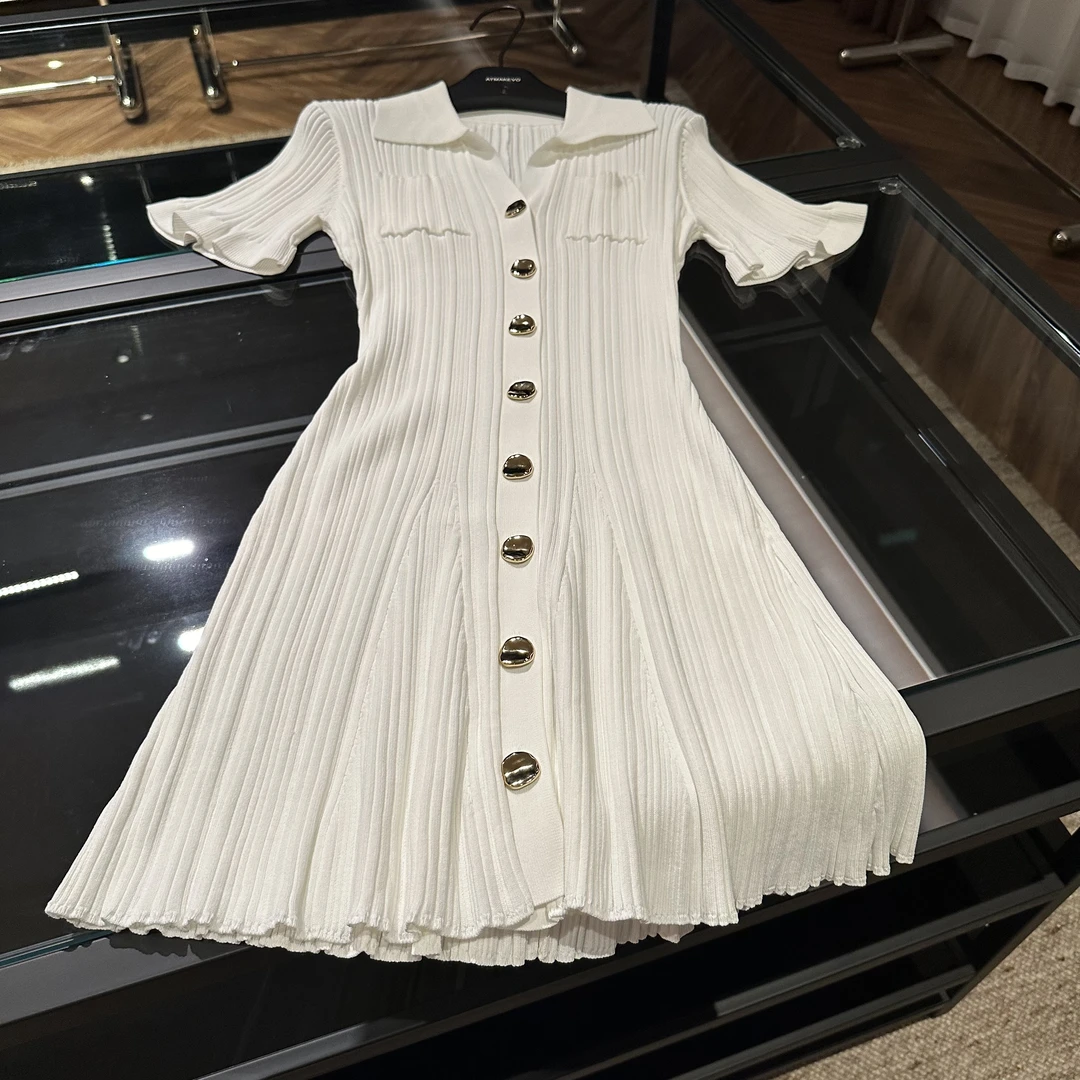 2024夏季少女粉甜美衬衫领木耳边袖收腰伞裙鱼尾针织显瘦-4050