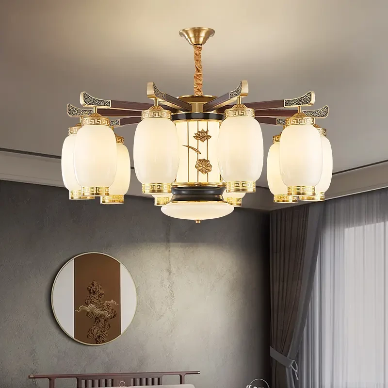 新中式国风轻奢禅意家用全铜实木餐厅大气古典客厅餐厅书房吊灯