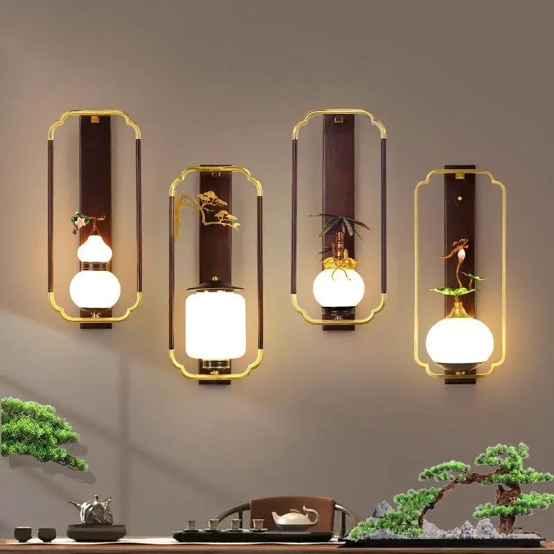 新中式全铜壁灯禅意客厅灯主卧室酒店室内背景墙实木灯具珐琅创意