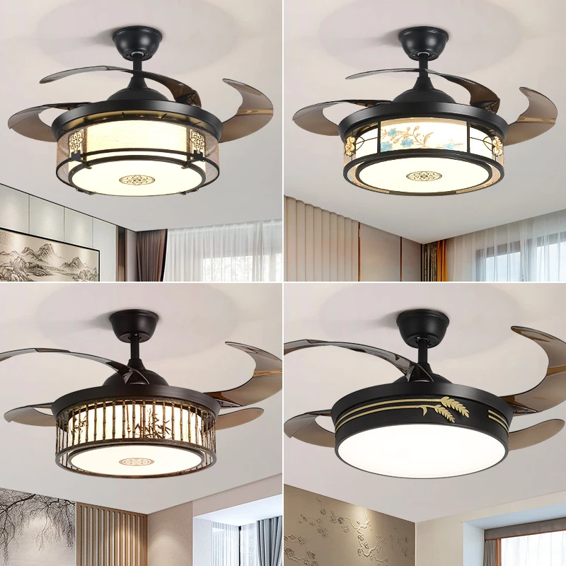 新中式隐形吊扇风扇灯客厅餐厅灯书房卧室禅意中国风家用风扇吊灯