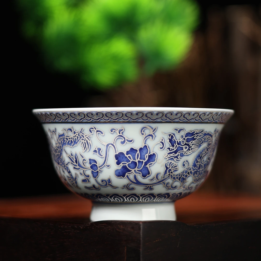 【西泠上新】手工仿古青花银彩龙纹压手杯HX0562