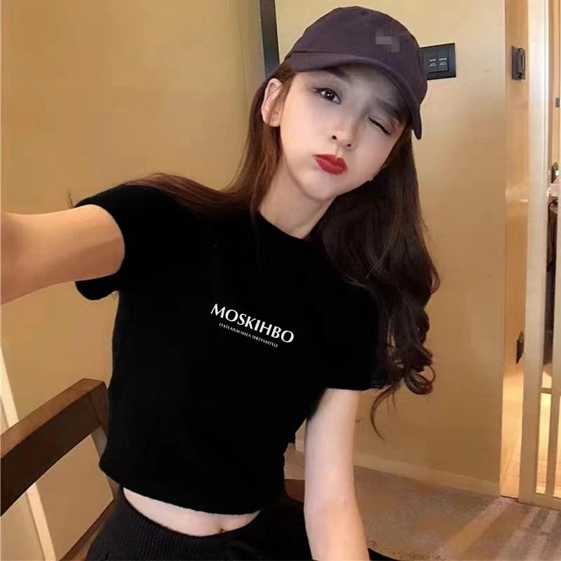 纯棉洋气黑色t恤女夏季短袖显瘦修身辣妹小个子露脐短款高腰上衣