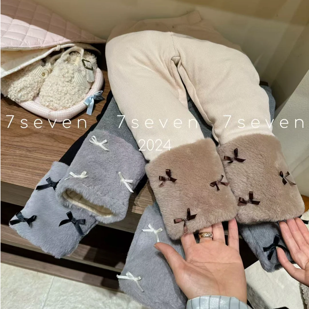 2024冬季新款女童拼接蝴蝶结800克蚕丝棉打底裤7421