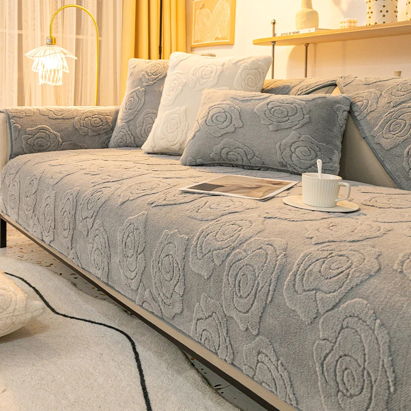 花意沙发垫冬款加厚毛绒坐垫子防滑皮沙发简约现代沙发盖布高档