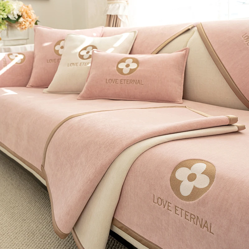 雪尼尔沙发垫四季通用坐垫子简约现代防滑皮沙发套罩新款圆形花