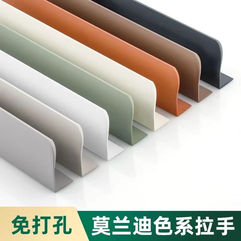 免打孔羊绒灰抽屉橱柜门把手莫兰迪色肤感隐形衣柜门拉手明装弧形