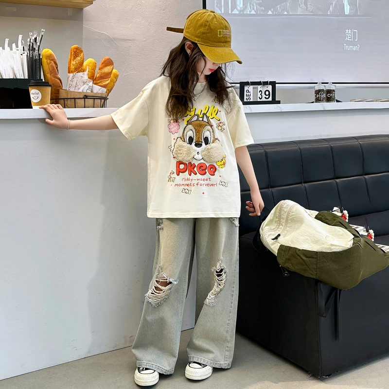 女童夏装套装中大童学生破洞牛仔裤两件套宽松夏季休闲儿童装新款