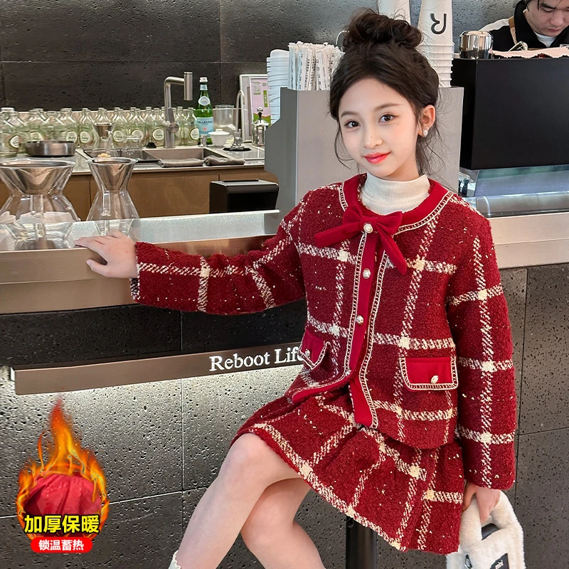 女童红色连衣裙冬款加绒儿童小香风裙子套装冬装新年加厚圣诞衣服
