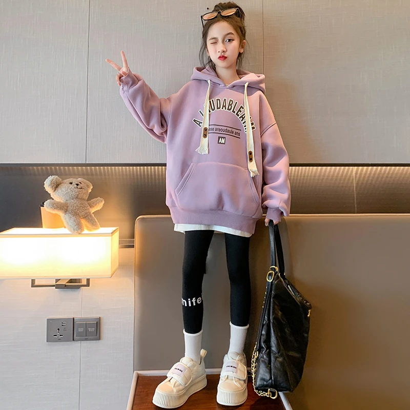 加绒卫衣女童加厚连帽上衣秋冬儿童韩版冬装2023新款女大童中长款