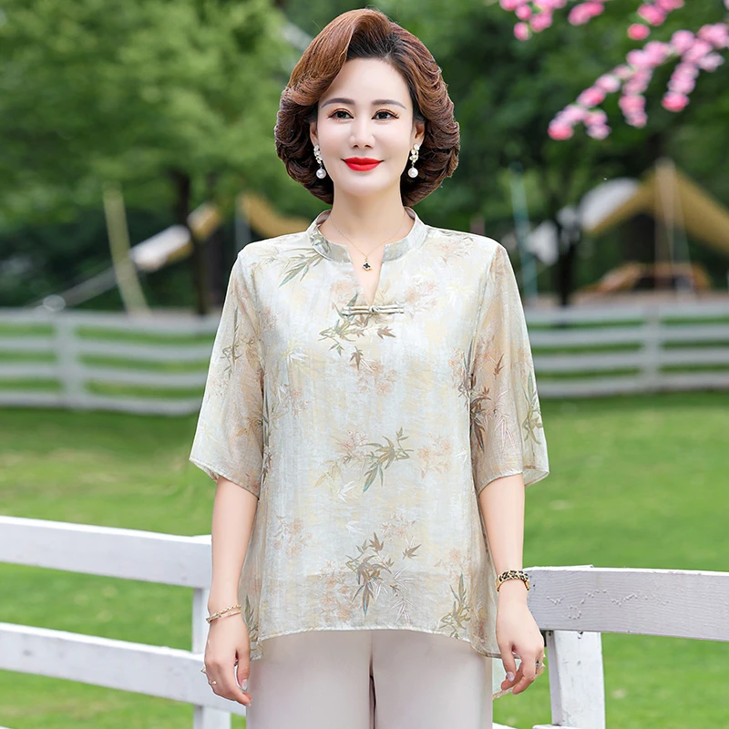 常熟新中式妈妈夏装洋气短袖上衣中年女宽松老年气质薄款T恤套装