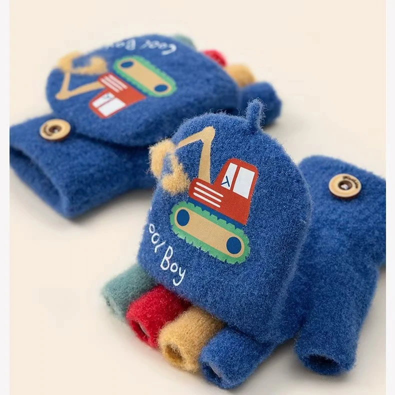 儿童保暖加绒挖机冬季宝宝手套小童半指翻盖男童手套