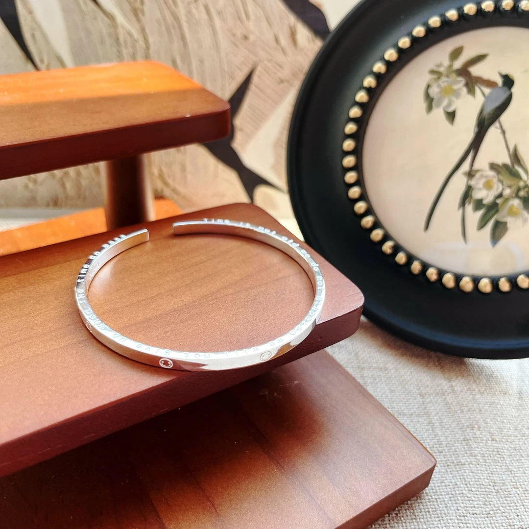 友执 足银手镯 足银999亮面英文笑脸开口镯气质百搭简约时尚实心