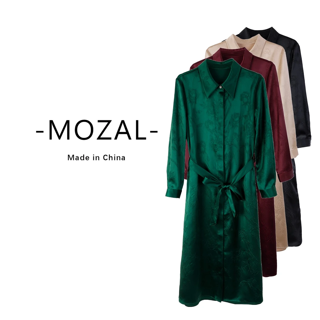 陌妆品牌新款桑蚕丝翻领提花系带长袖连衣裙33966