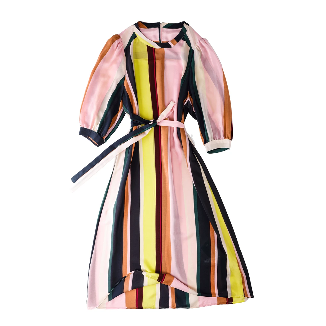 品牌新款桑蚕丝圆领撞色拼接长袖宽松系带连衣裙337129