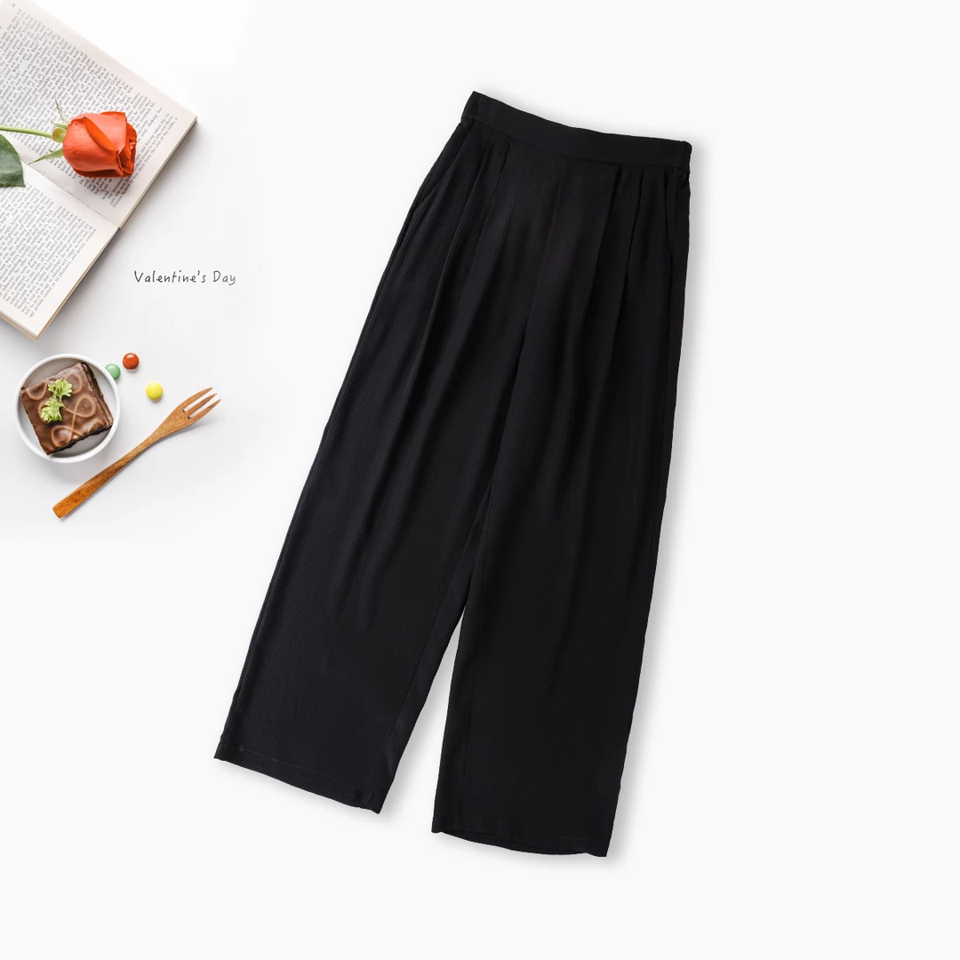 陌妆品牌新款桑蚕丝百搭休闲显瘦通勤春夏黑色垂感直筒裤子43022