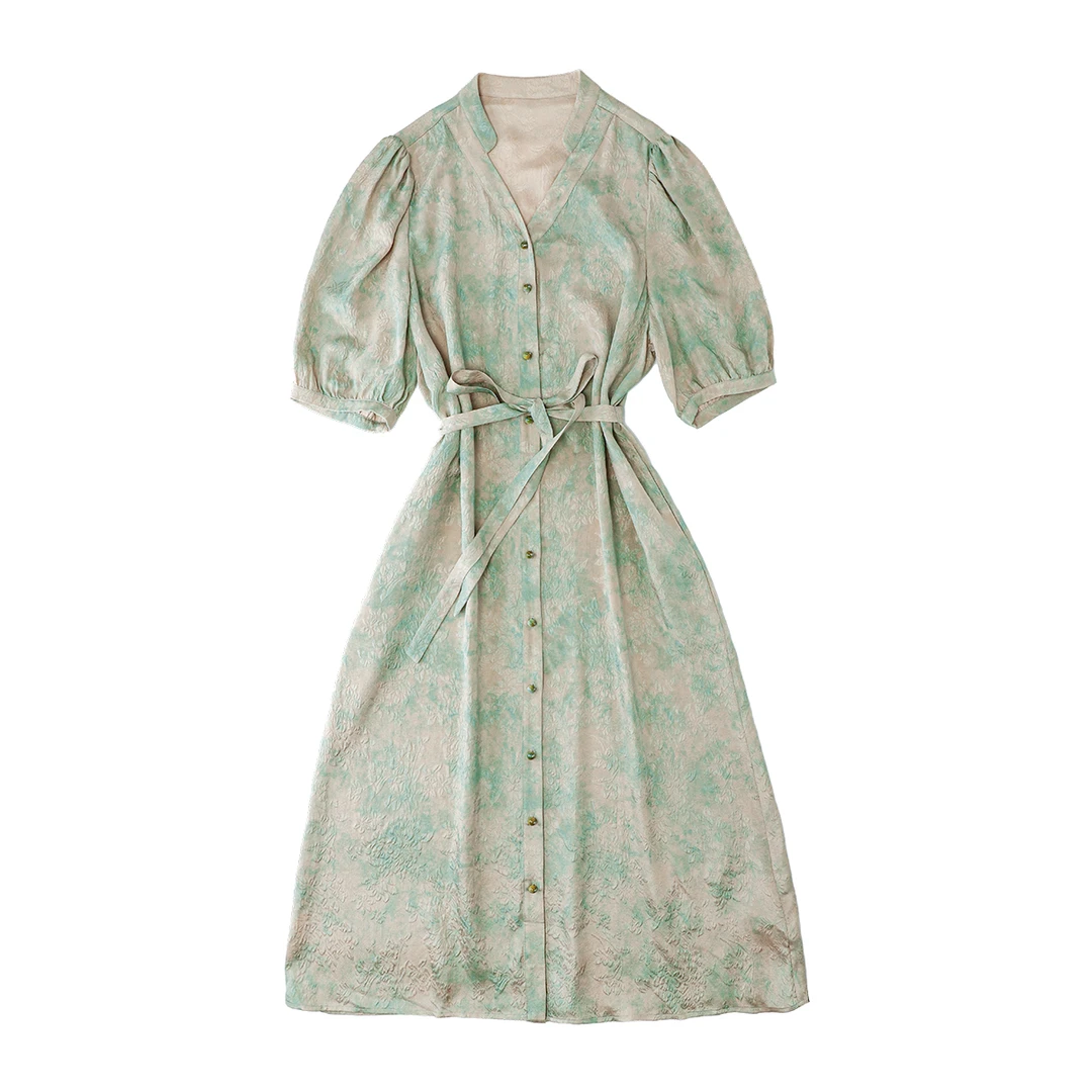 品牌新款桑蚕丝印花V领收腰短袖连衣裙429671