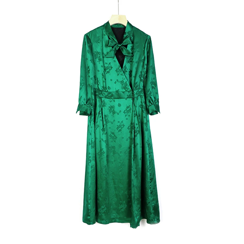 时尚好看的连衣裙女真丝香云纱连衣裙气质绿色连衣长裙21049