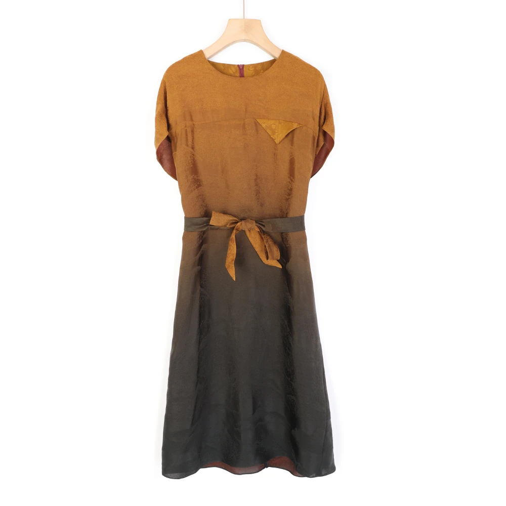 夏季女装高档香云纱连衣裙时尚显瘦圆领提花短袖女长裙23730