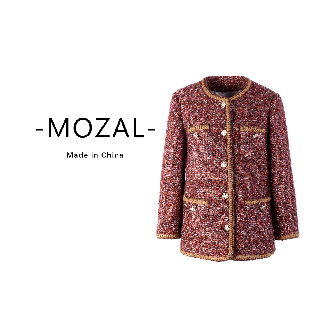 陌妆品牌新款圆领单排扣粗花呢羊毛中长款小香风外套339168