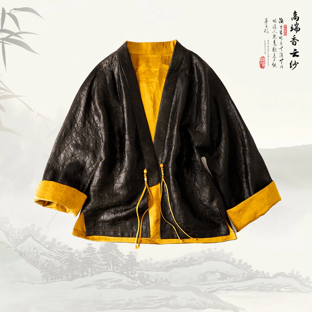 品牌新款香云纱新中式盘扣龟裂纹撞色上衣436161