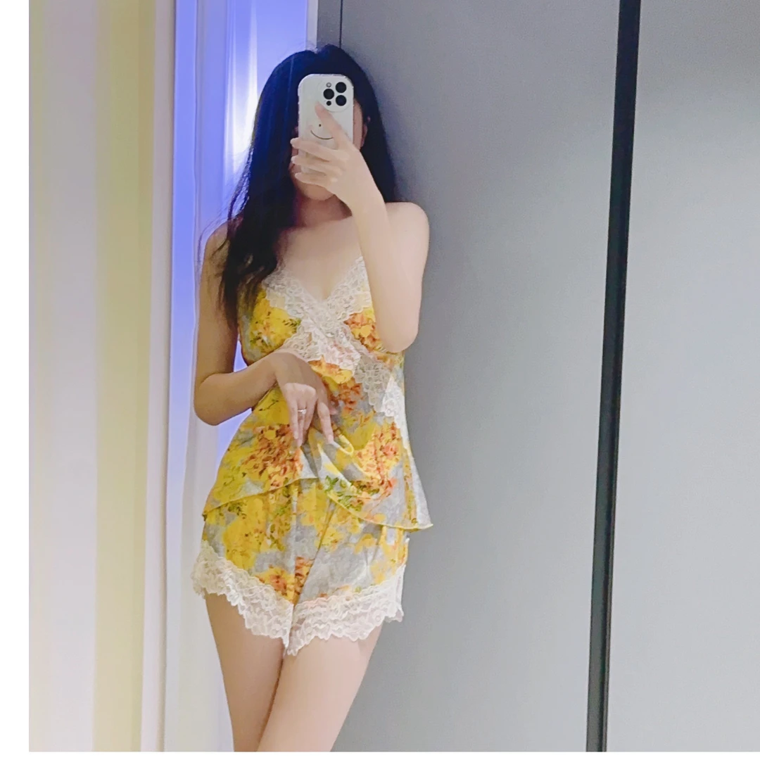(琪花瑶草)夏季新款家居服女睡衣吊带套性感碎花黄色蕾丝拼接时尚