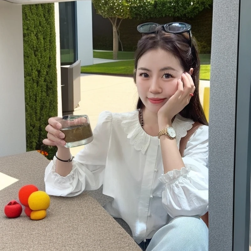 韩系设计感小众娃娃领上衣女秋季新款法式超好看荷叶边长袖衬衫