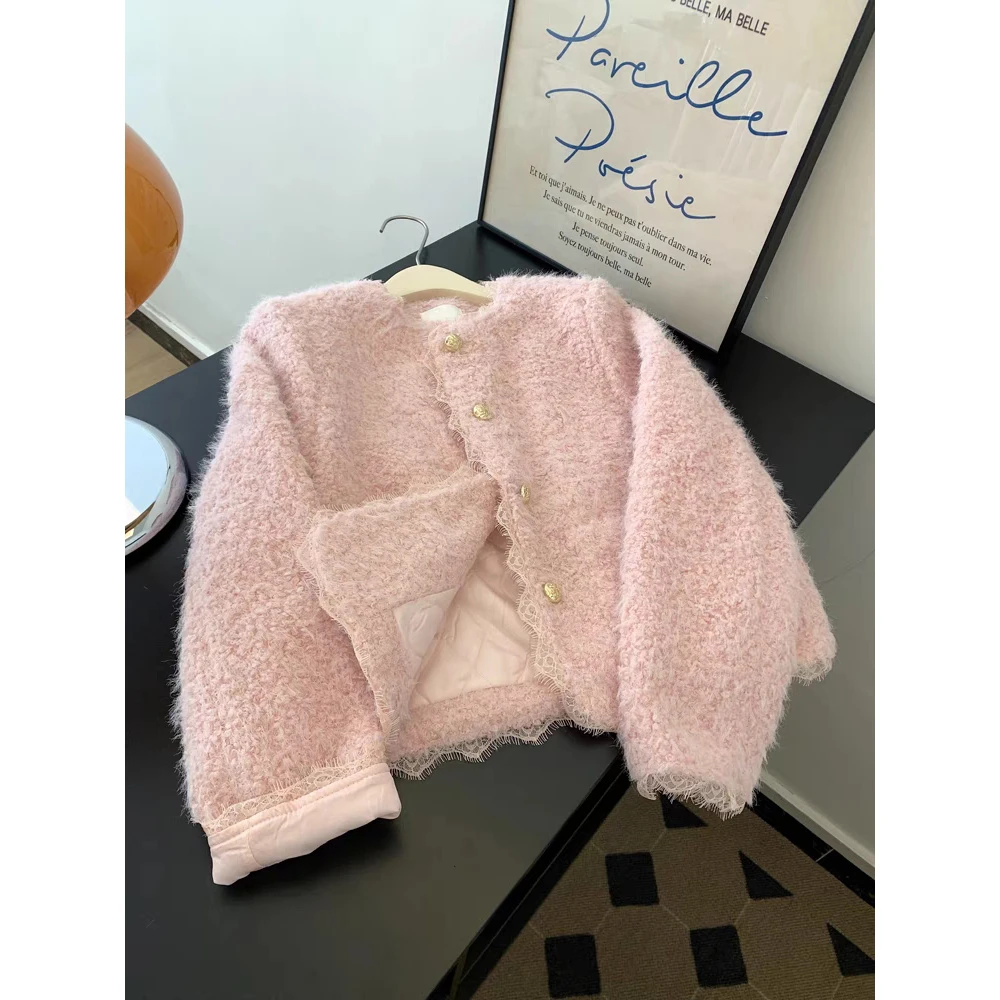 仿羊羔毛绒粉色夹棉法式正肩气质短款千金小香风外套女小个子加厚