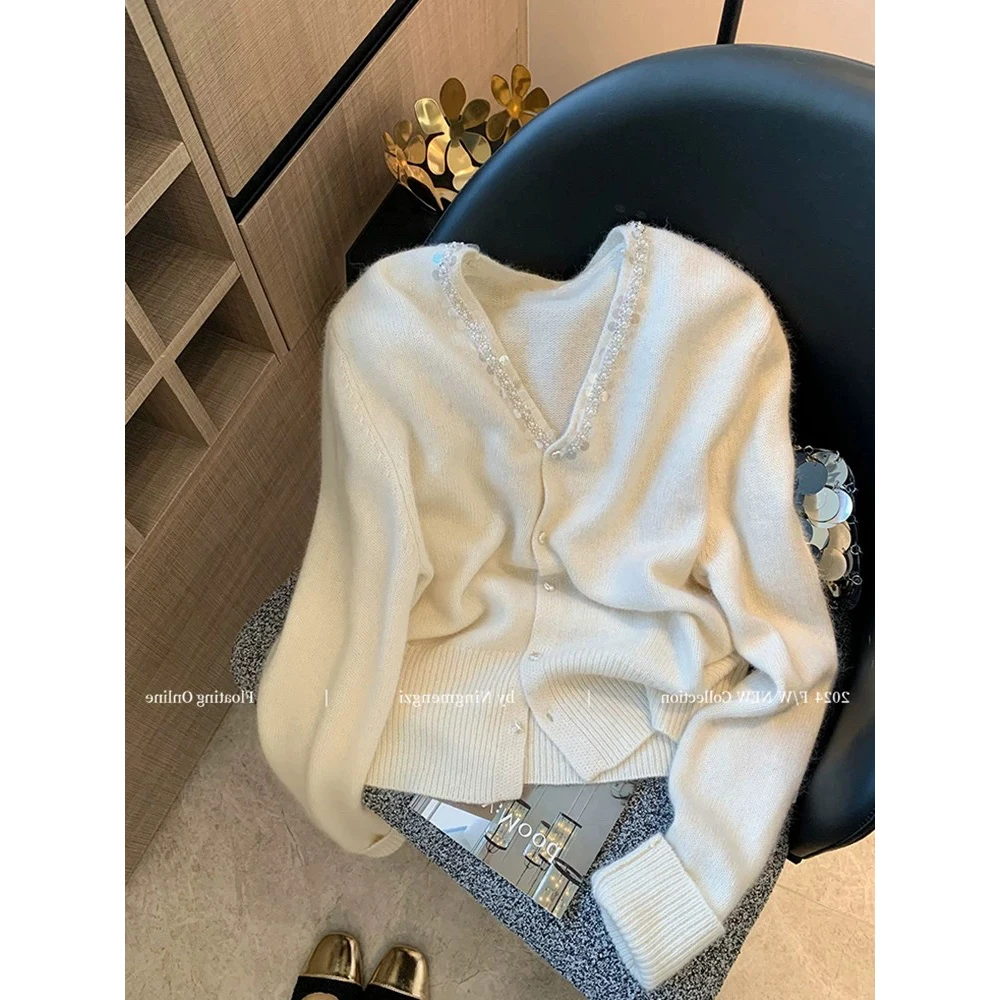 设计师款V领钉珠亮片针织开衫软糯毛衣外套
