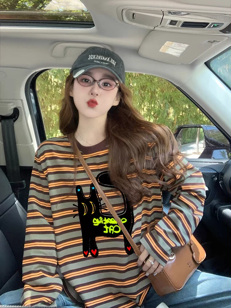 猫咪印花条纹长袖t恤女新款初秋打底衫美式复古洋气宽松显瘦上衣