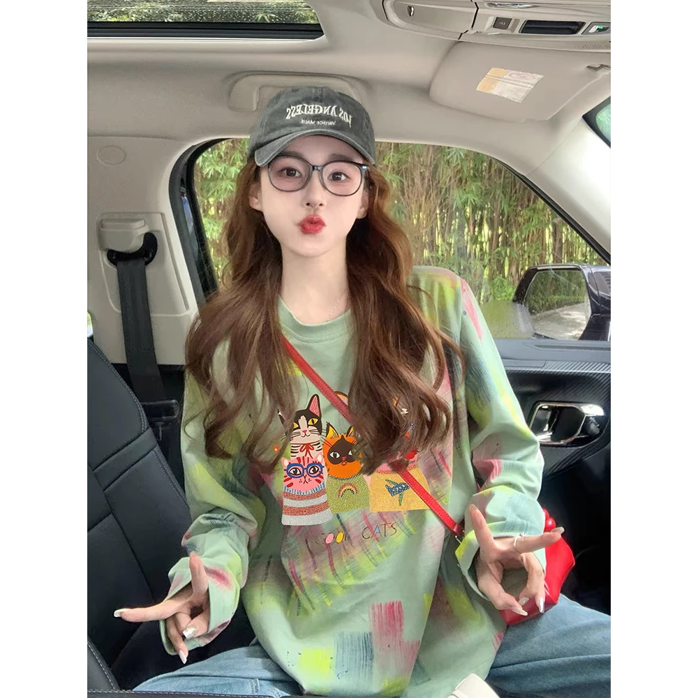 彩色扎染涂鸦长袖t恤女2025新款早秋卡通复古减龄打底衫潮牌上衣