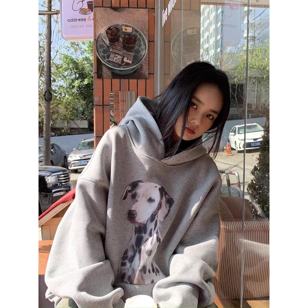 明星斑点狗狗印花连帽衣服卫衣女套头秋冬外套宽松慵懒灰色帽衫