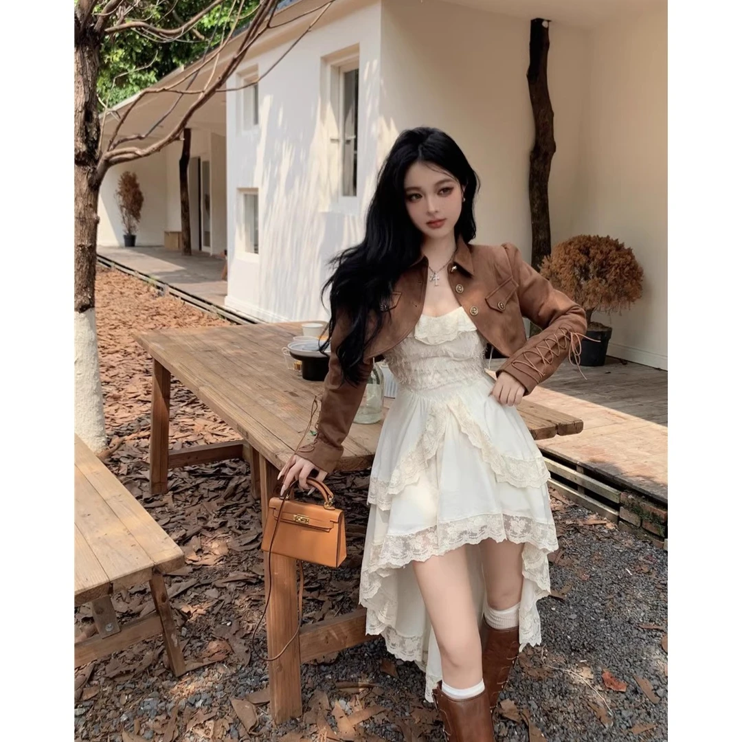 韩系穿搭女前短后长纯欲辣妹气质吊带连衣裙复古港风机车短款外套