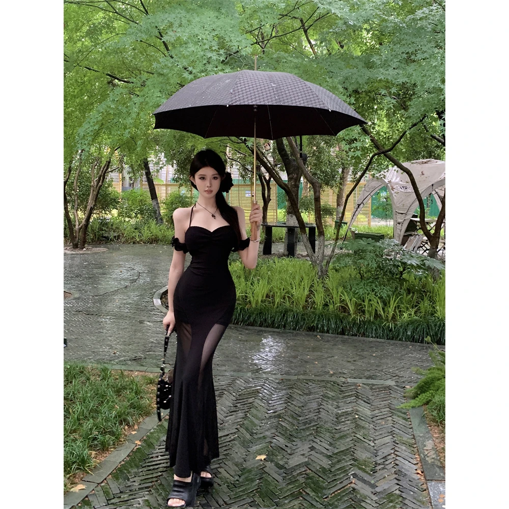 辣妹露背度假网纱拼接透视修身显瘦连衣裙长款性感复古短裙女装夏