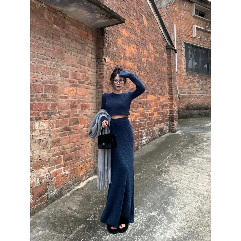 韩版复古气质针织毛衣套装蓝色短款毛衣高腰显瘦长款半身裙套装女