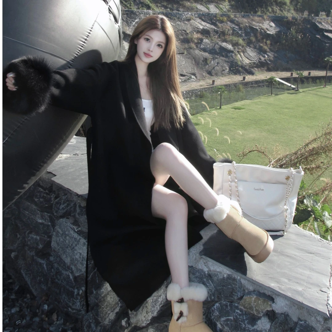 韩版高级感双面毛呢外套女秋冬季新款大衣设计感可拆卸毛毛袖上衣